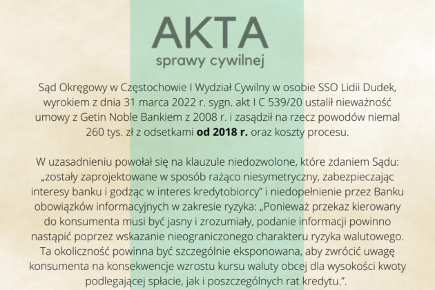 Ilustracja do: UMOWA GETIN NOBLE BANKU NIEWAŻNA TAKŻE W CZĘSTOCHOWIE !!!