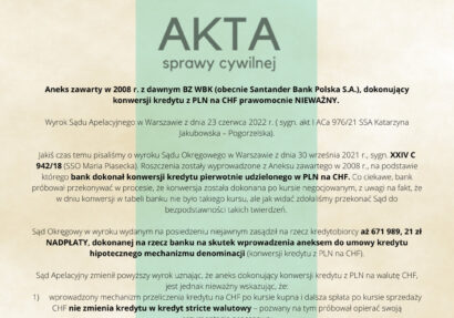 Ilustracja do: Aneks zawarty w 2008 r. z dawnym BZ WBK (obecnie Santander Bank Polska S.A.), dokonujący konwersji kredytu z PLN na CHF prawomocnie NIEWAŻNY.