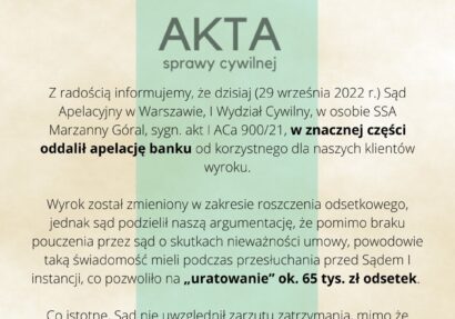 Ilustracja do: Apelacja banku od korzystnego wyroku dla naszych klientów ODDALONA!