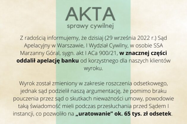 Ilustracja do: Apelacja banku od korzystnego wyroku dla naszych klientów ODDALONA!
