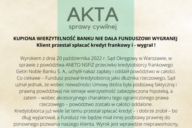 Ilustracja do: <strong>KUPIONA WIERZYTELNOŚĆ BANKU NIE DAŁA FUNDUSZOWI WYGRANEJ</strong>