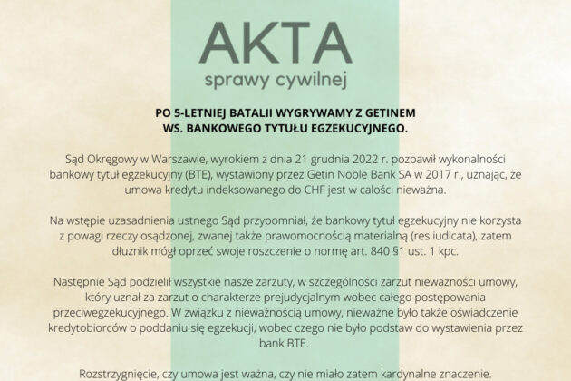 Ilustracja do: PO 5-LETNIEJ BATALII WYGRYWAMY Z GETINEM WS. BANKOWEGO TYTUŁU EGZEKUCYJNEGO