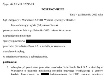 Ilustracja do: SĄD OKRĘGOWY W WARSZAWIE UDZIELA ZABEZPIECZENIA ROSZCZENIA PO OGŁOSZENIU UPADŁOŚCI GETIN NOBLE BANK S.A.