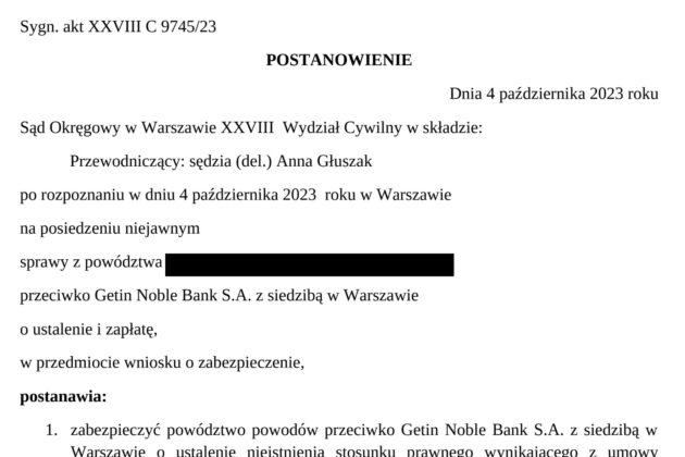 Ilustracja do: SĄD OKRĘGOWY W WARSZAWIE UDZIELA ZABEZPIECZENIA ROSZCZENIA PO OGŁOSZENIU UPADŁOŚCI GETIN NOBLE BANK S.A.